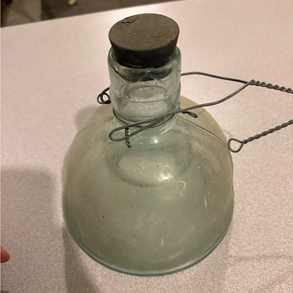 Rare Antique Light Green Glass Mosquito Fly Insect Catcher Trap w/Metal Handle